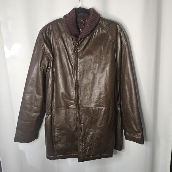 Nino Cerruti Sport Brown Leather Parka Brown Sz Large Asymmetrical Collared Vtg - Picture 1 of 13